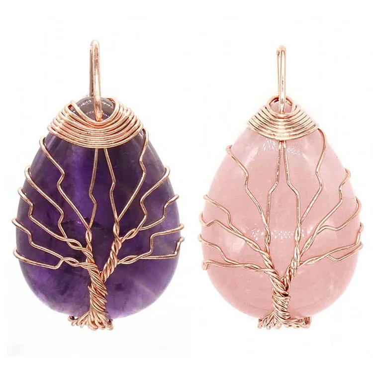 

ML Wire Wrapped Tree of Life Stone Pendant Natural Healing Crystal Amethyst Rose Quartz Stone Pendant, Mixed color