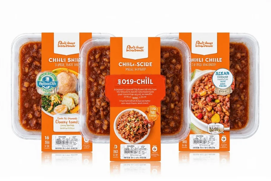 Budget chili meal prep containers with nutritional information labels showing cost per serving