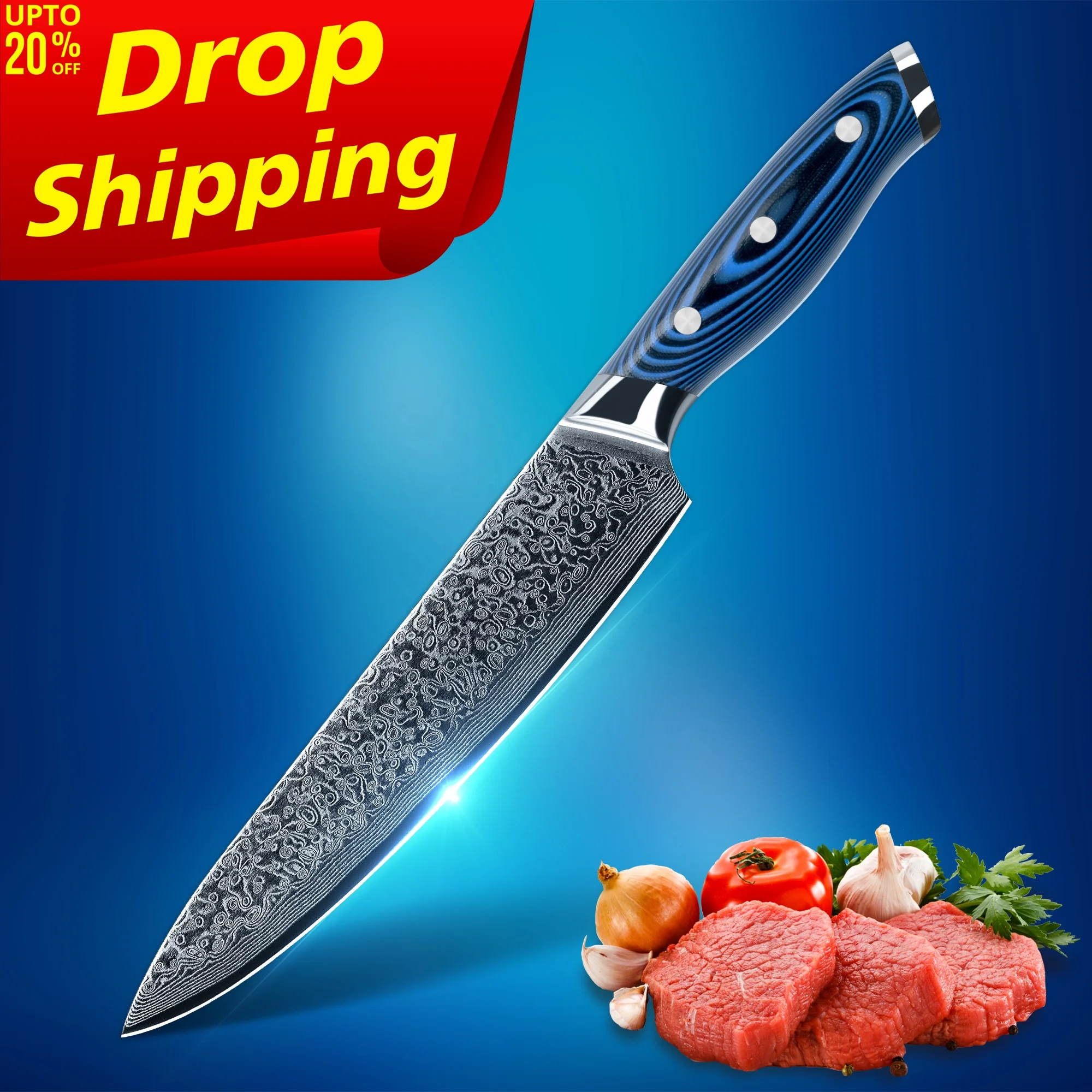 

20% off SkyCook 8 Inch damascus knife set chef serbian chefs knife japanese knife set chef with Blue G10 Handle, Customized color