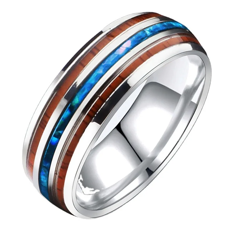 

Men's Stainless Steel Ring Vintage Wood Grain Shell Ring 8MM Fashion Minimalist Titanium Steel Wood Grain Ring