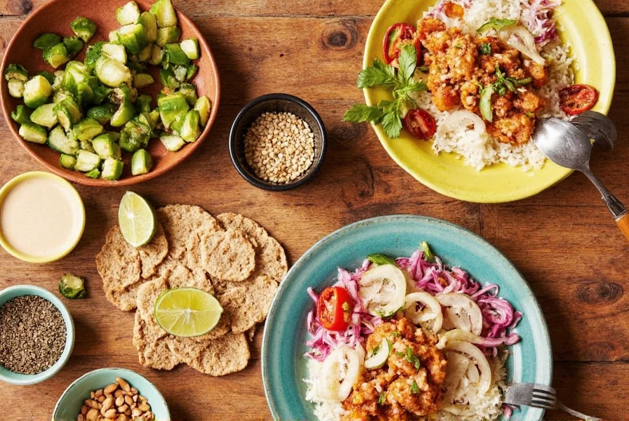 Colorful Brazilian street food with spicy garnishes