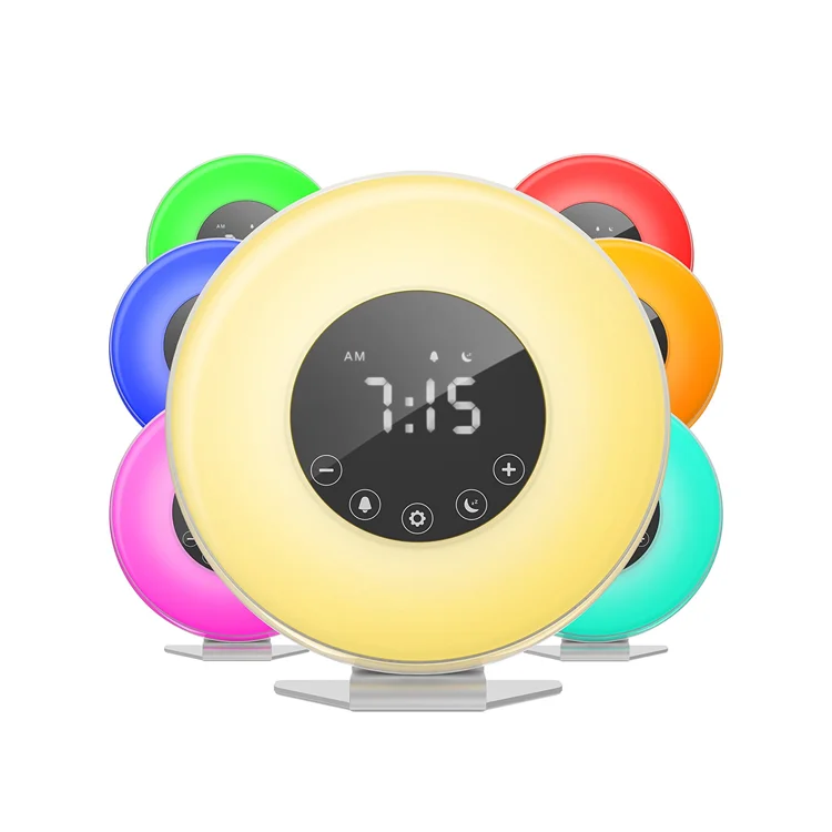 

LED alarm clock with radio led night light color changing touch sensor sunrise& sunset wake up light table desk alarm clock
