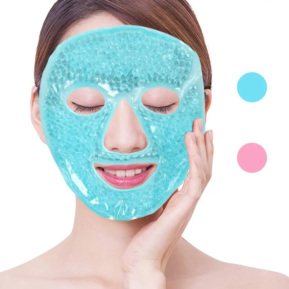 

Plush Backing Sleeping Travel Spa Facial Gel Bead Ice Mask Hot Cold Therapy Reusable Full Ice Face Gel Mask with Eye Holes, Blue, pink, green, purple, orange