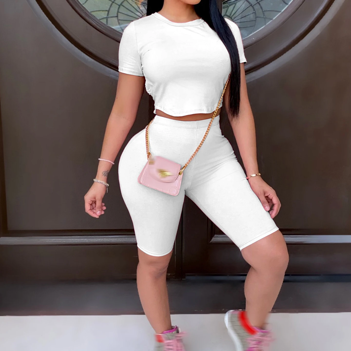 

Solid Casual Sporty Lady Top And Pants Women Short Sets Sportwear Woman Summer Shorts Set -PT, White,pink,yellow,orange,purple,gray,black,navy blue