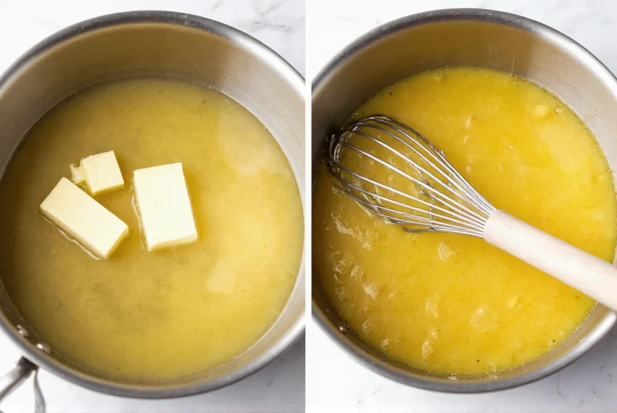 Step-by-step preparation of lemon and pepper sauce showing butter being whisked into simmering lemon mixture in stainless steel pan