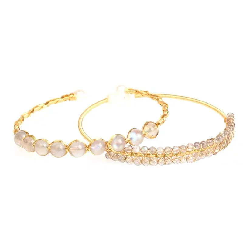 

New Trendy Natural Grey Moon Bracelet 14K Gold Blue Moon Stone Bracelet Open Bracelet With Crystal, Black and gold