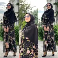 

Dubai Fashion Ladies Printing Abaya Dress Islamic Women Wear Eid Floral Prayer Abaya Dress with Double Bell Sleeve