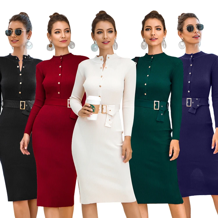 

Autumn and winter knitted long-sleeved slim sexy skirt women's casual solid color long dress sweater, Customized color