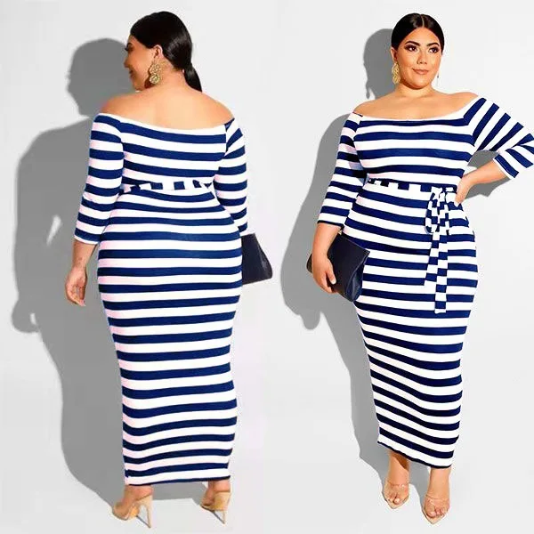 

Plus Size Women Clothing Stripe Print Clothes Women Drop Shipping Casual Dresses With High Waist Belt