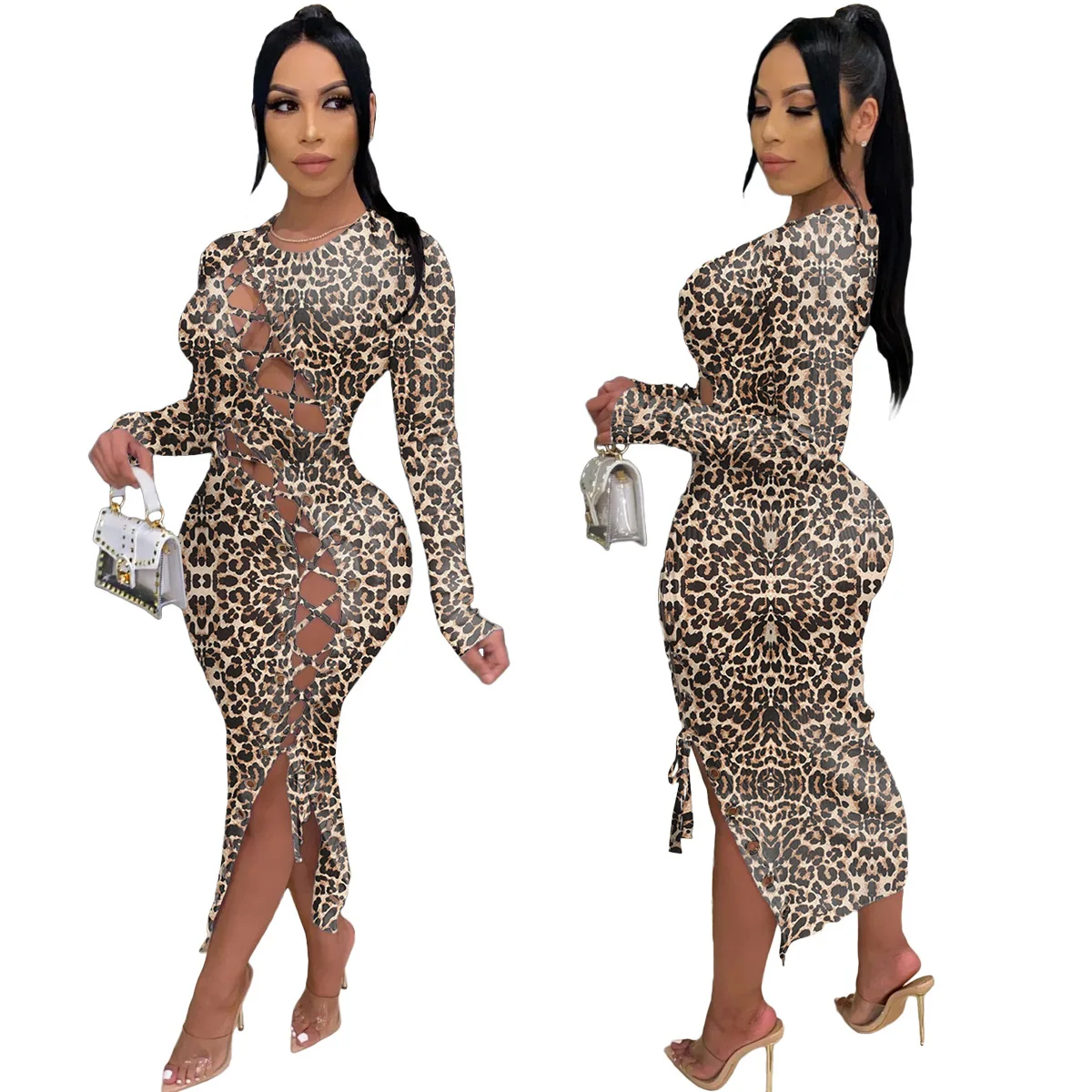 

2021 new arrivals Fashion sexy leopard print dress with tie gowns for women, Yellow