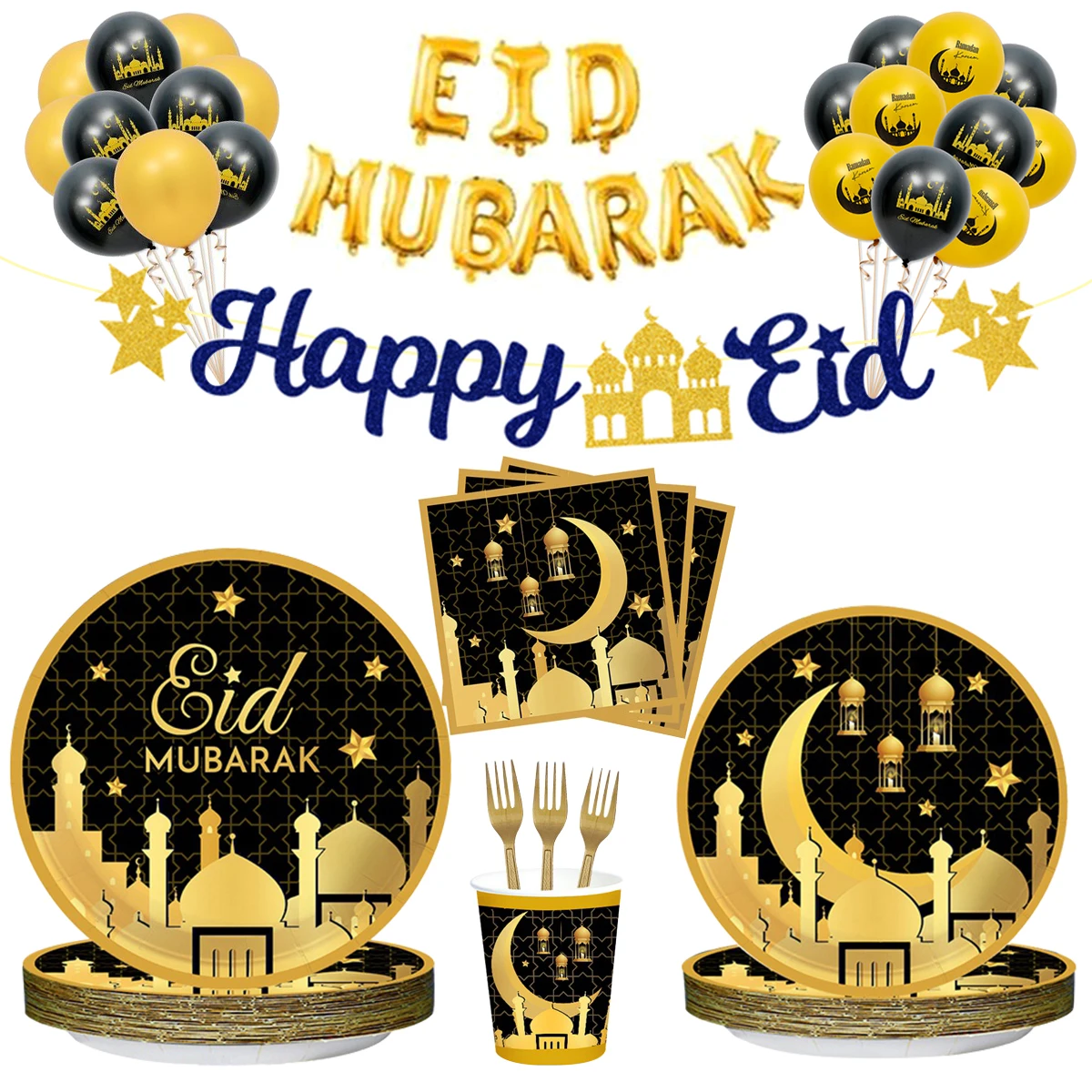 

Ramadan Decoration Disposable Party Tableware Ramadan Mubarak Paper Plates Napkins Cup Table Decorations For EID Decoration