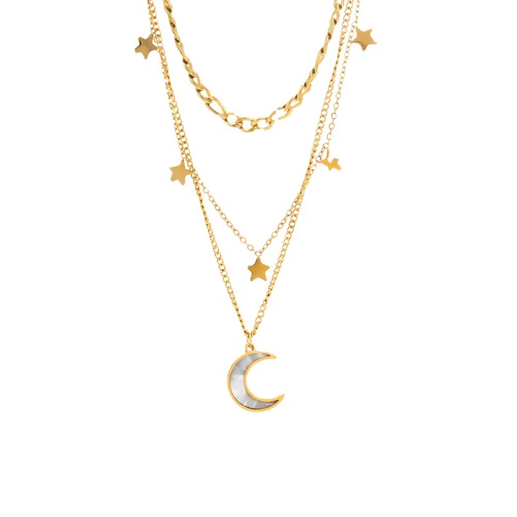 

Y043 Fashion PVD 18K Gold Plated Jewelry Multi-Layer Chain Choker Star Moon Pendant Stainless Steel Necklace for Women