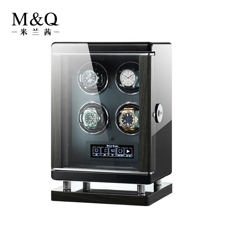 

M&Q wood fingerprint gyro safety box watch winder 4 rotor mabuchi motor automatic watch winder led box wristwatches, Black