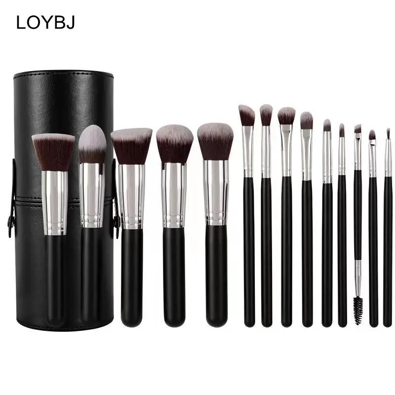 14 Piece Face Makeup Brush Set Wood Handles