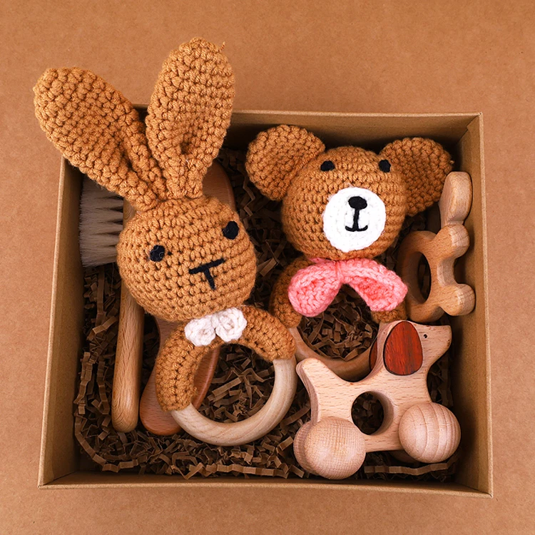 

8 Pcs Brush Baby Hair Comb Crochet Rabbit Bear Handbell Rattle Wooden Teether Pacifier Chain Gift Set