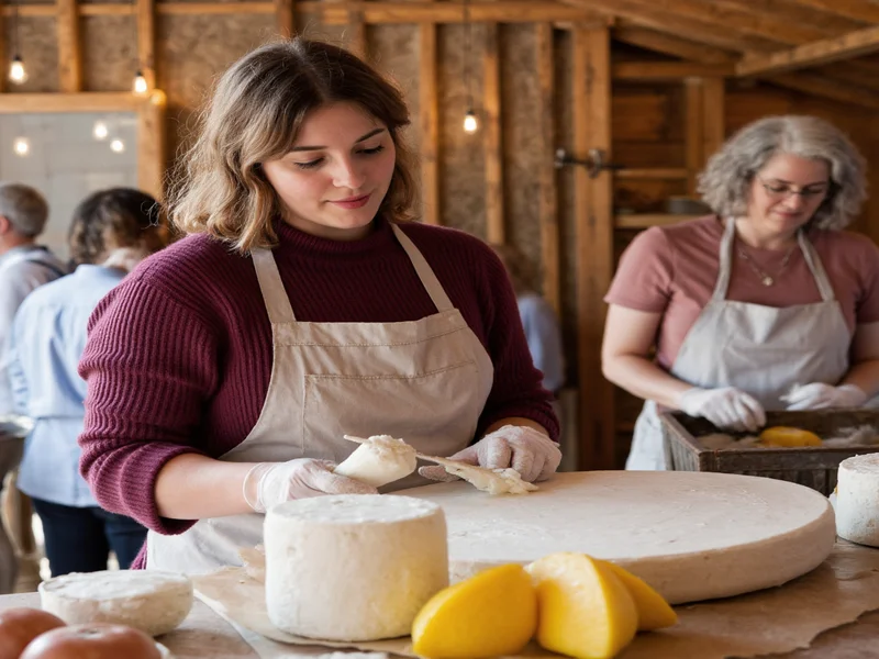 Artisan demonstrating cheese making at craft food barn community event