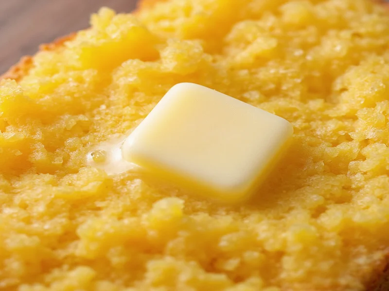 Close-up of moist cornbread crumb with melted butter