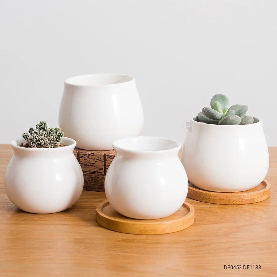 Custom Mini White Cheap Plant Pot Bamboo Tray Small Flower Pot Ceramic