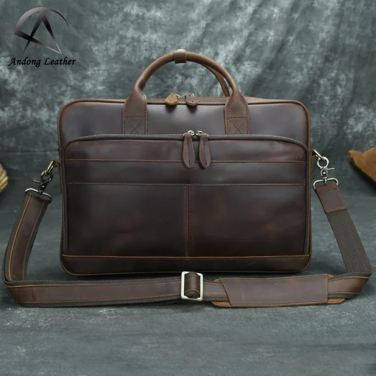 

Andong Retro Crazy Horse Leather Briefcase Men Handbag 15.6 Inch Laptop Shoulder Bag Male Business Travel Messenger Bags Cowhide