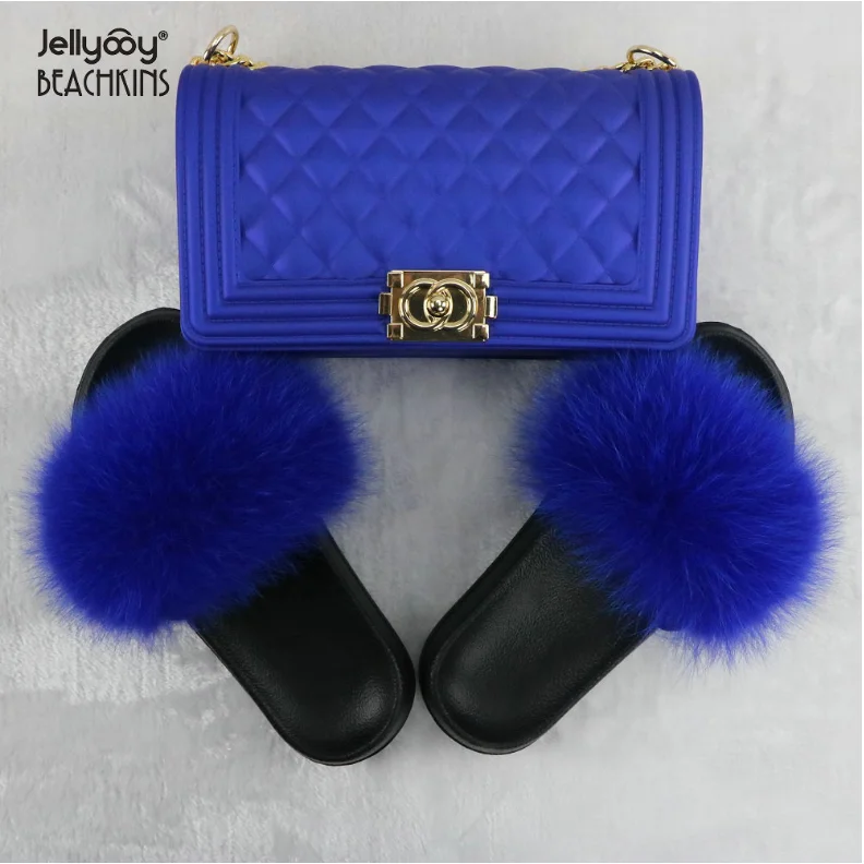 

Fashion Style Faux Fox Skin Slippers Cross Body Bag Set and Multicolor Black PVC Faux Fur Casual Slides Indoor Women Slippers