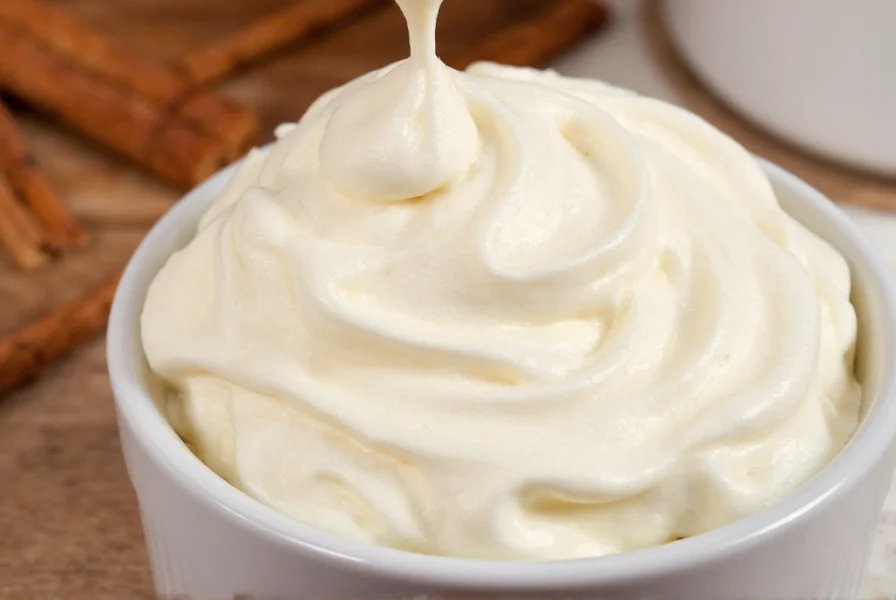 Close-up of cinnamon cream cheese icing being spread on freshly baked cinnamon rolls with visible swirls and perfect texture
