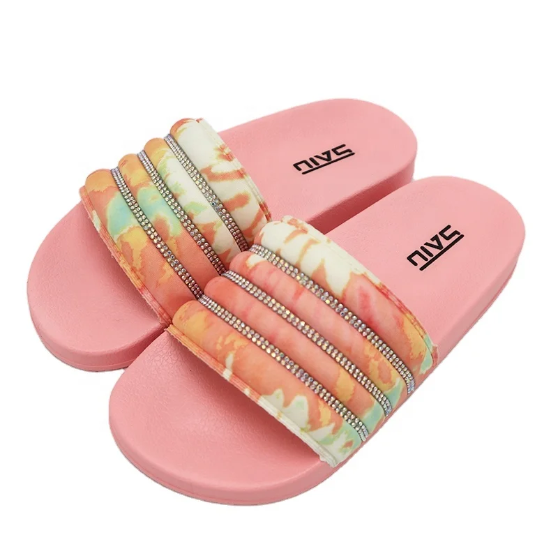 

New women shoes diamond slippers tie dye crystal slides pink color rhinestone outdoor PCU lady slippers