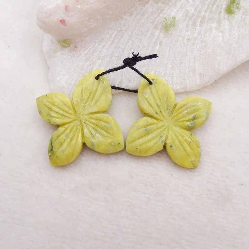 

Natural Serpentine Beads Flower Carved Stone Bead Pair For DIY Earring Making
