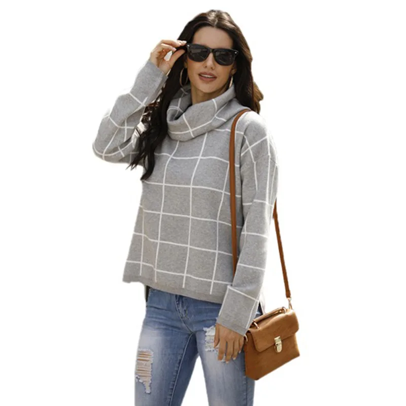 

New Arrivals Long Sleeve Plaid Knitted Casual Turtleneck Pullover Sweater, Picture