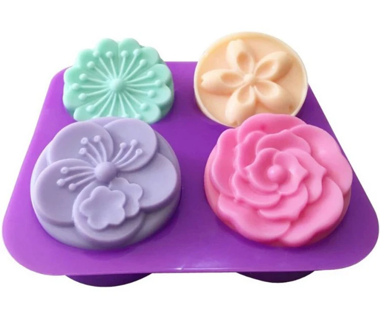 

BPA Free 4-cavity round flower silicone soap mold without bisphenol a customized durable silicone cake molds Handmade, Purple