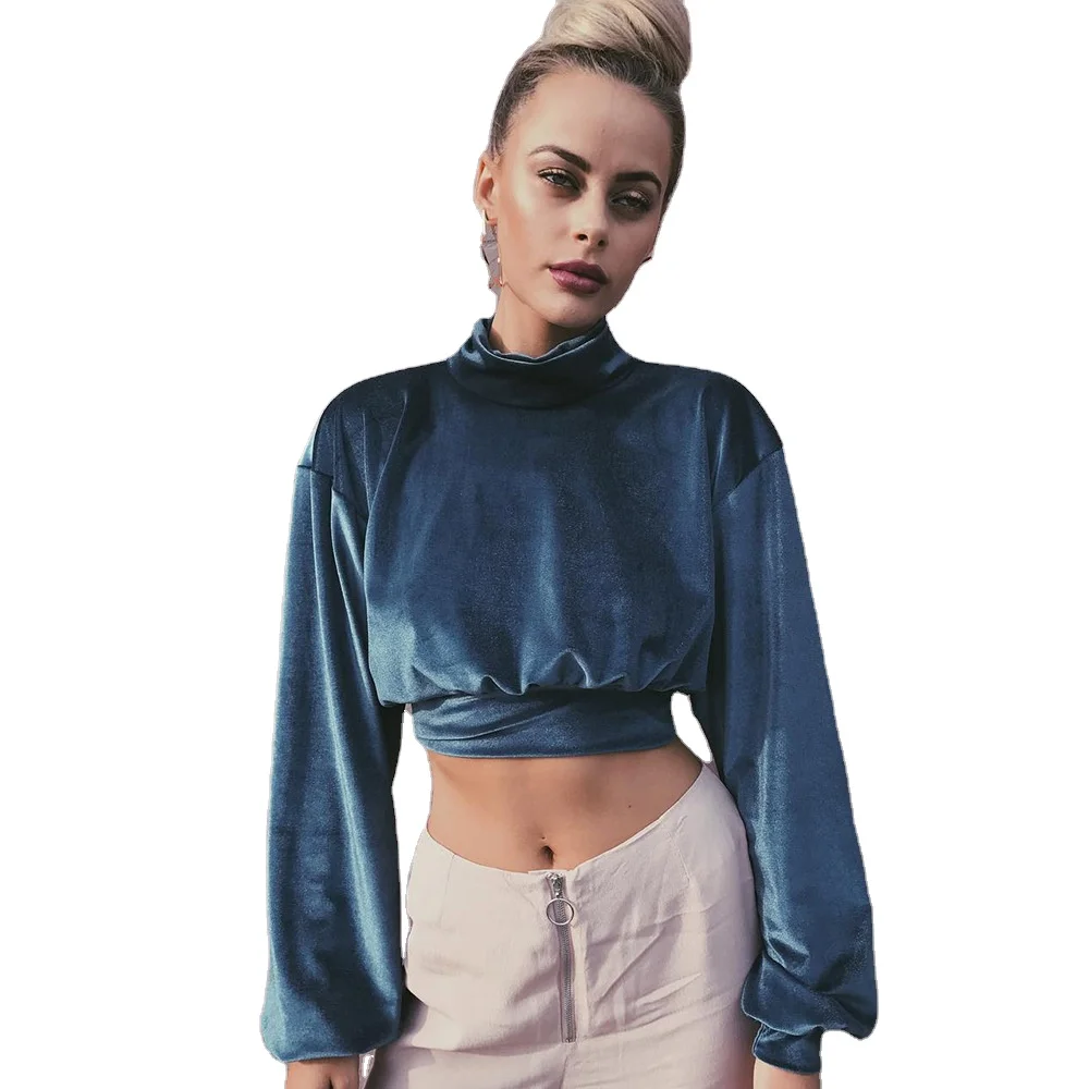 

Velvet Long Sleeve Crop Tops Vintage Women Turtle Neck Sexy Tee
