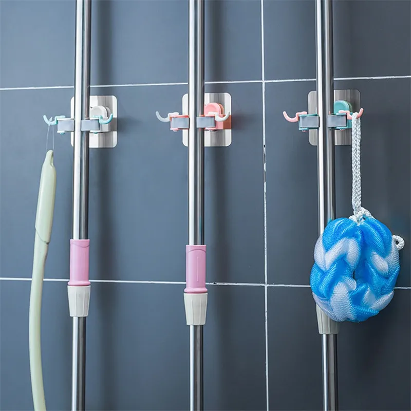 

Household Adhesive Mop Broom Holder Wall Mounted Mop Holder Storage Broom Hanger Mop Hook Racks Kitchen Bathroom Organizer, As picture