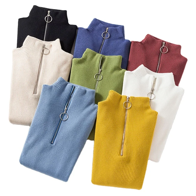 

Custom Woman Winter Knit Plus Size Cardigan Turtleneck Tops Ladies Wool Designer Crop High Neck Half Zipper Sweater