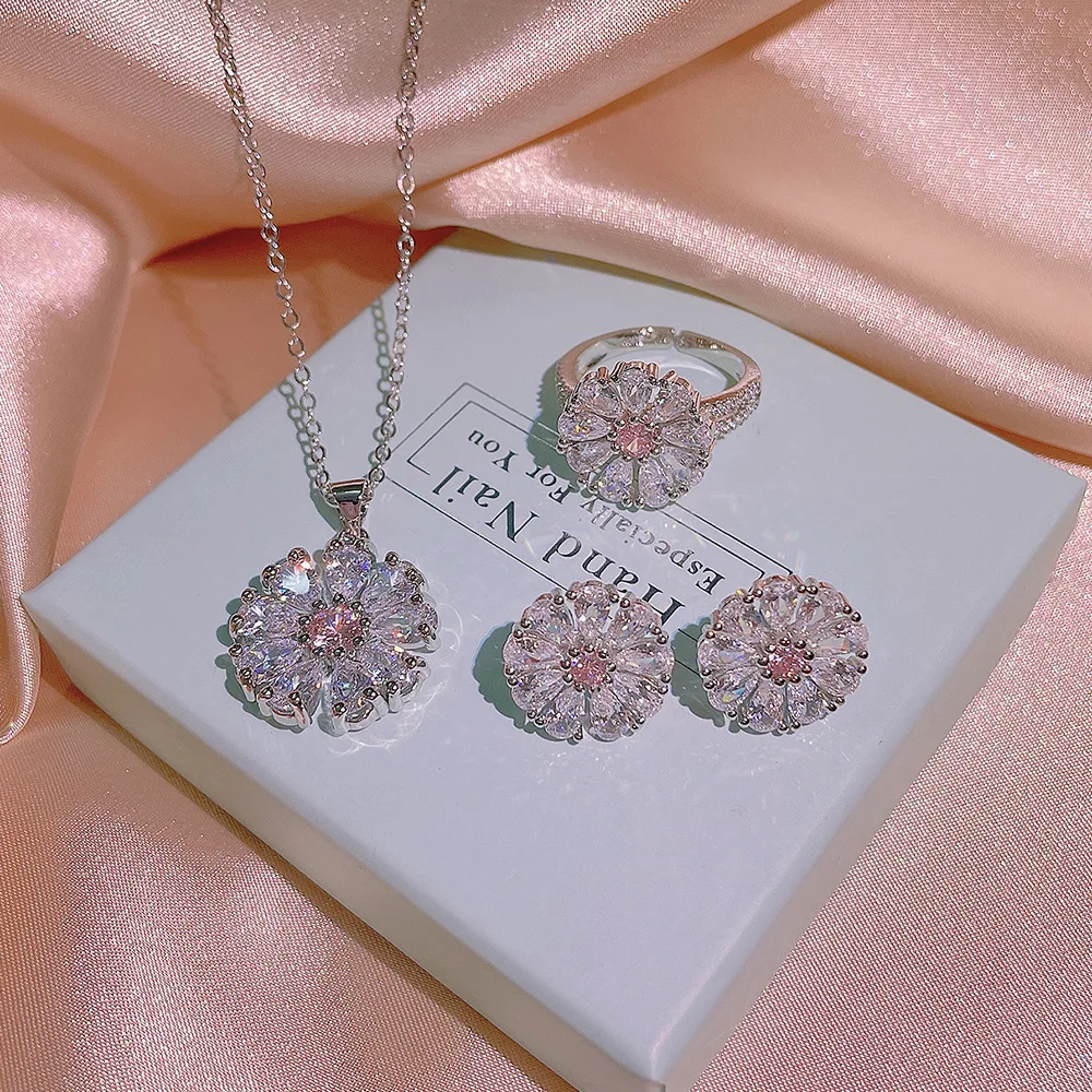 

3pcs White Gold Plated Cubic Zircon Flower Open Finger Ring Diamond CZ Cherry Blossom Pendant Necklace Earrings set