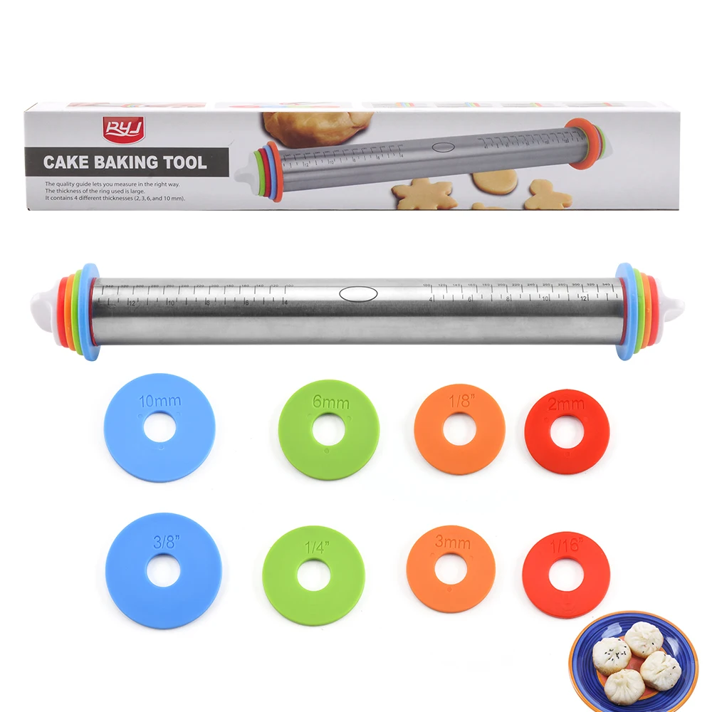

Height adjustable stainless steel rolling pin with 4 removable thickness rings