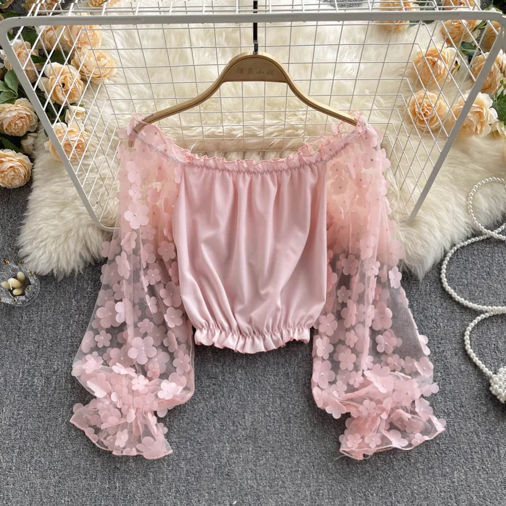 

Sexy Off Shoulder Blouse Women Slash Neck Mesh Flower Long Sleeve Slim Shirts Spring Fashion Korean Short Tops 50%, Can be customized