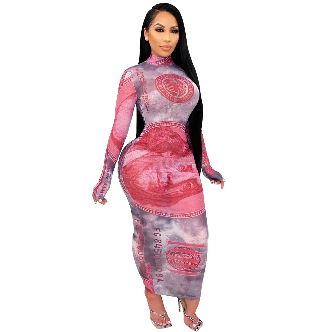 

2020 Wholesale Brown Portrait Printed Bodycon Dresses Long Sleeve Corset MaxiDress for African Women, Picture color