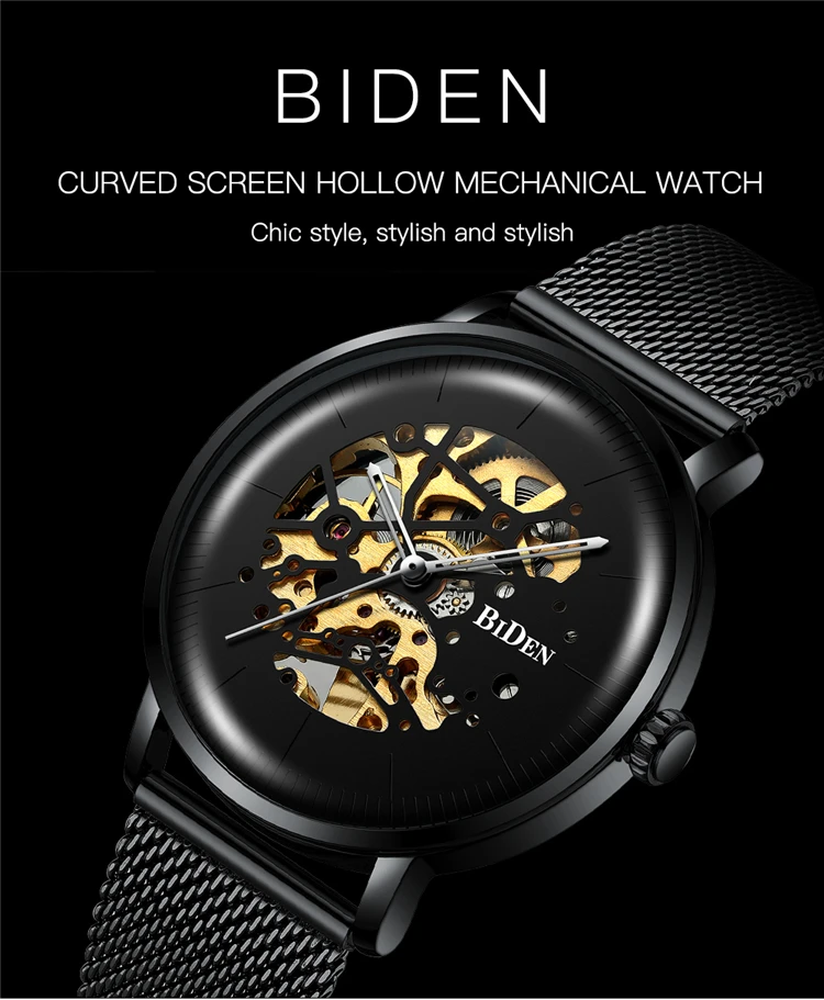 BIDEN 0052 Luxury Blue Mens Mechanical Watch 2025 Mesh Strap Hollow Dials Decoration Vintage Skeleton Automatic Wrist Watch