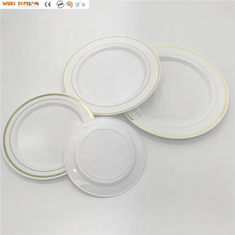 

High Quality  White Plastic Party Charger Plate With Gold Rim, White with gold rim