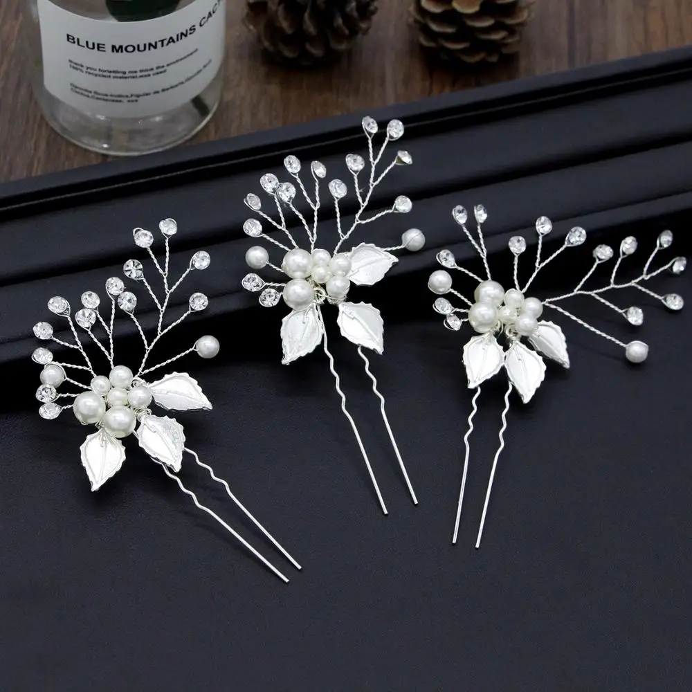 
Handmade Pearl Rhinestone Hair Pins White Leaf Metal Hair Fork Buns Elegant Bridal Tiara  (62426436715)