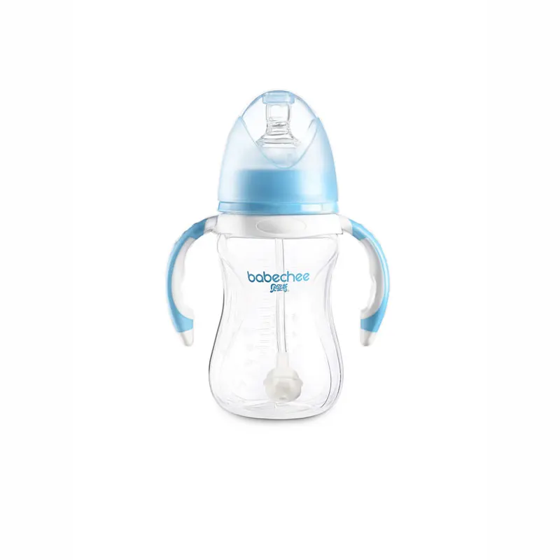 

Hot Selling Manufacturer Cheap Handled Plastic wide neck PP baby bottle, Blue pink