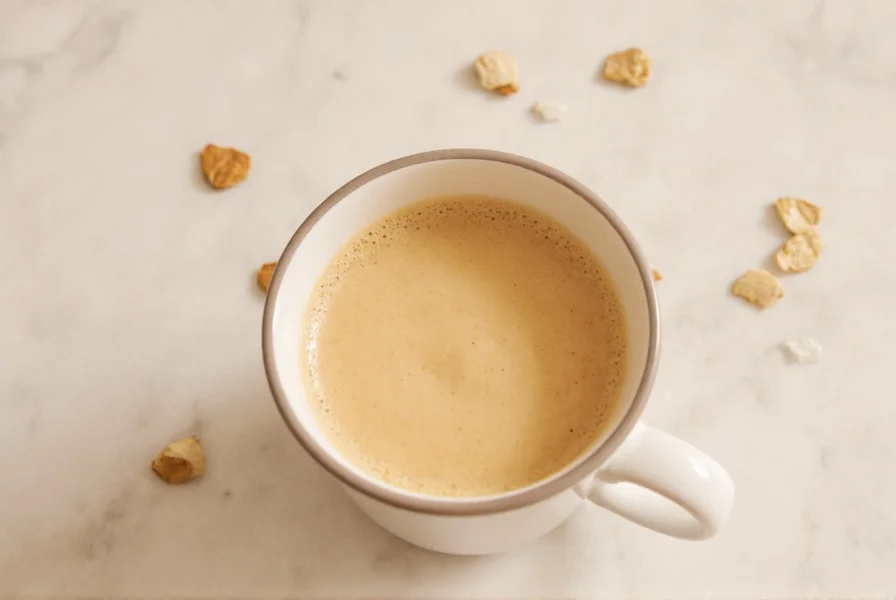 Step-by-step ginger latte preparation showing fresh ginger slices simmering in water, then combined with steamed milk in a ceramic mug