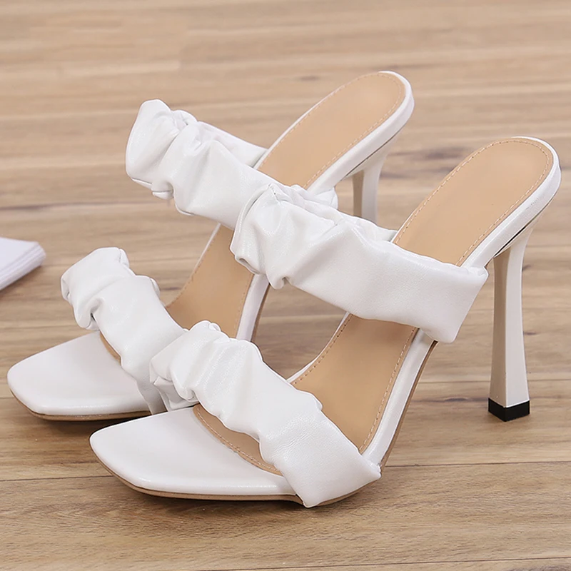 

Women Shoes Summer Stiletto Heels Square Toe PU Slides Outside Pleated Sexy Feet Sandals Size 35-42 New Fashion 2020 Beach Shoes, White brown rose red