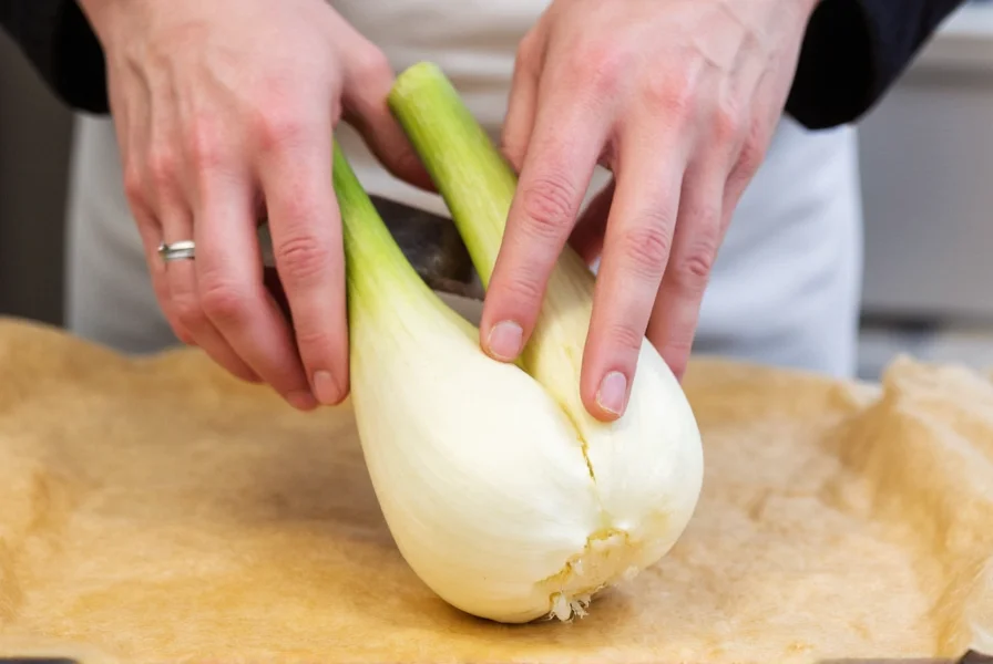 Chef's hands demonstrating proper grip on fennel bulb while using sharp knife to trim stalks