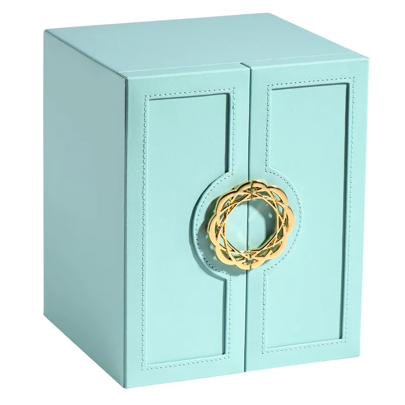 

Style Fresh Simple Girl Earrings Ring Multi-function Cabinet Shaped Double Door Jewelry Leather Display Storage Box, Pink/blue