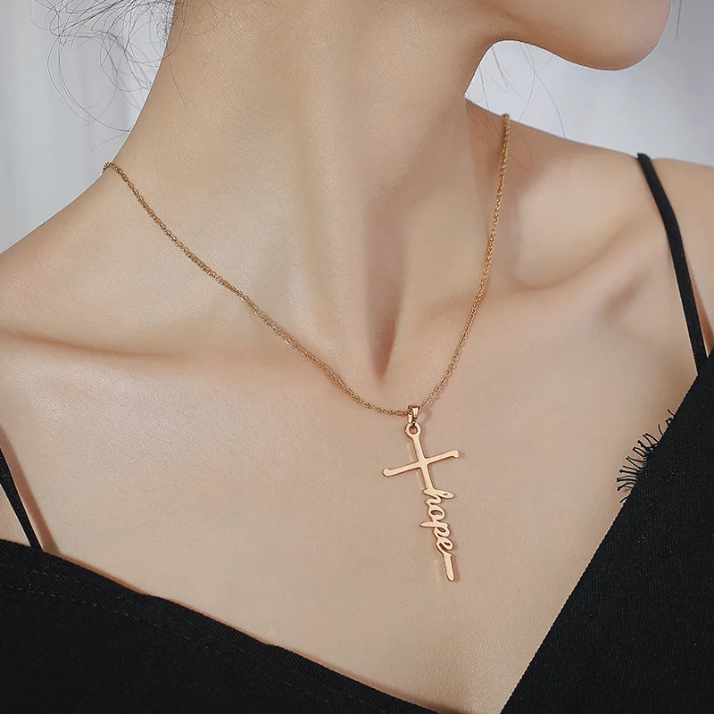 

Stainless Steel Cross Pendant Necklace Family Hope Love Inspirational Implied Religious Cross Titanium Steel Necklacs