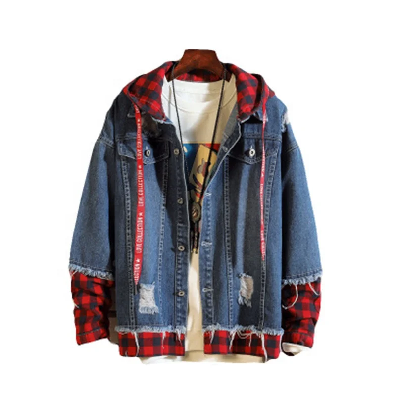 

Loose Hooded Men's Ripped Jeans Jackets, Dark blue/light blue