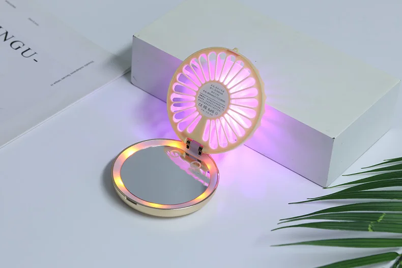 Portable Led Makeup Mirror Fan Bright Adjustable Usb Charging Handheld