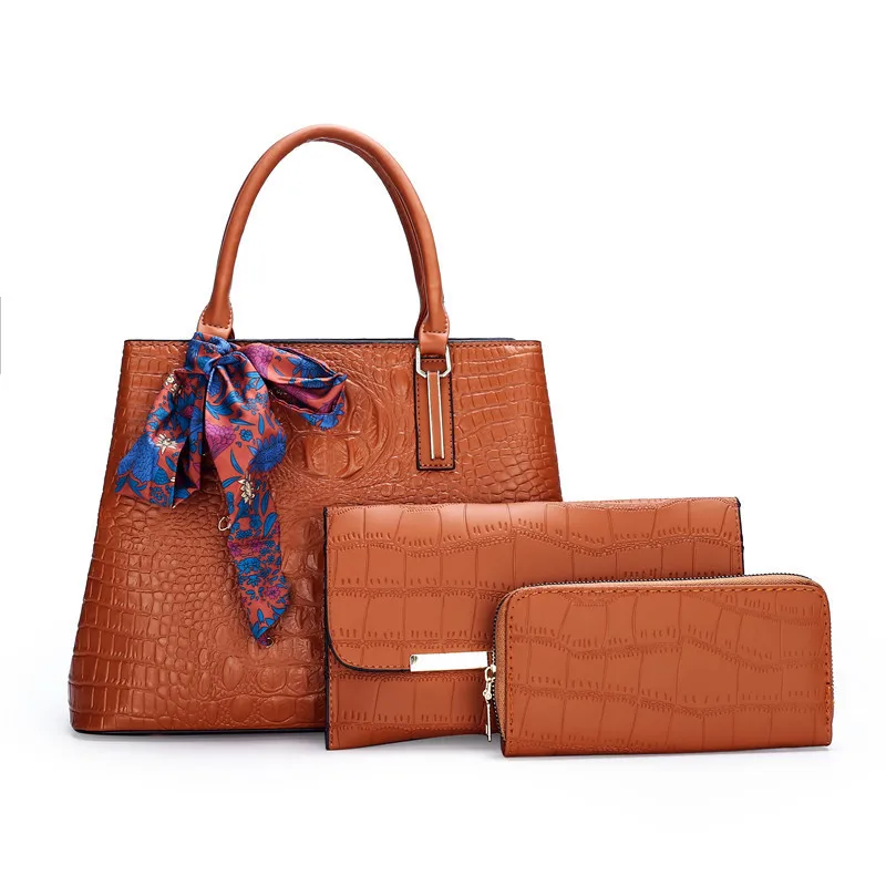 

3Pcs Women Bag Set Fashion PU Leather Ladies Handbag Solid Color Crocodile Quality Messenger Shoulder Bag Wallet Bags 2021, Yellow, red, purple, black, brown