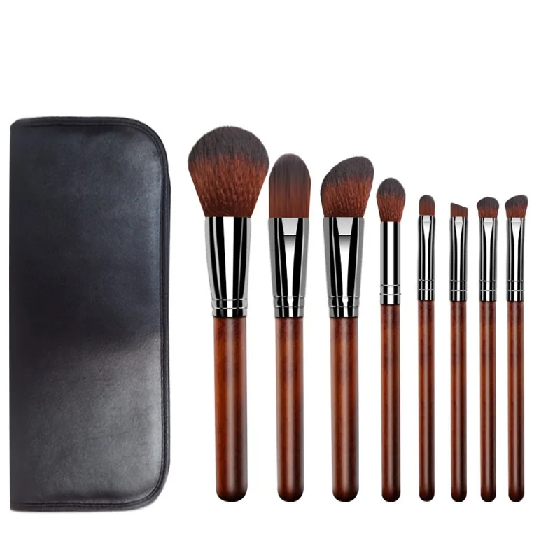 

New wooden makeup brush with bag 8pcs full makeupkit set brushes eyeshadow brush custom label, As pic