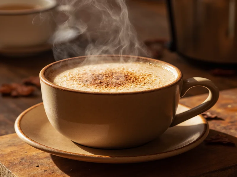 Steaming homemade chai tea latte in ceramic mug